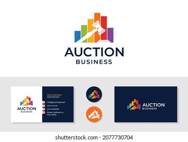 Gavel con ilustración de gráfico estadístico, logotipo de subasta o abogado y plantilla de diseño de tarjeta de visita