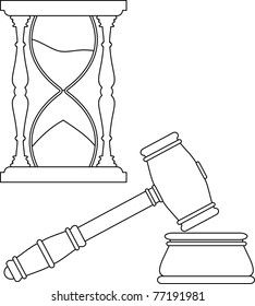 Gavel. Vector hammer and anvil - symbols of law,  hourglass - isolated illustration  - black contour (white silhouette) on white background