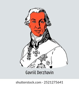 Gavriil Derzhavin — Poeta ruso de la Ilustración, estadista del Imperio ruso, senador, actual consejero privado, primer ministro de justicia del Imperio ruso. Ilustración vectorial dibujada a mano