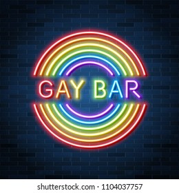 Gay Bar Neon Advertisement, Rainbow Glowing Text, Vector Illustration Design