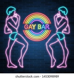 Gay Bar Neon Banner, Sexy Guy Figure, Man Silhouette, Nightclub, Rainbow, Vector Illustration