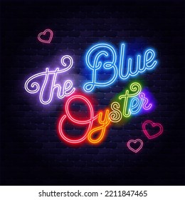 Gay bar neon sign The Blue Oyster on brick wall. Night bright signboard, Glowing light banner. Club or bar concept on dark background. Editable vector illustration.