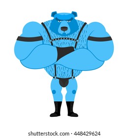 Gay Bear Symbol Of Sexual Community. Big Strong Blue Bear. Tons Powerful Wild Animal In  Leather Suit