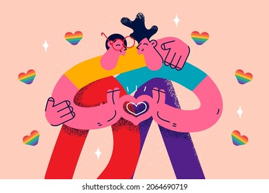Gay And Bisexual Couple Concept. Two Young Men Cartoon Characters Standing Hugging Forming Heart From Fingers Feeling In Love Vector Illustration 