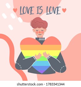 Gay boy holding a heart in his hands a symbol, flag of the LGBT community, vector illustration. LGBT cartoon man character. LGBT postcard, poster, flyer with phrase "love is love"