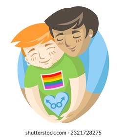 Gay boys in love holding male signs in heart on white background - vector illustration. LGBT pride Gay and Lesbian concept