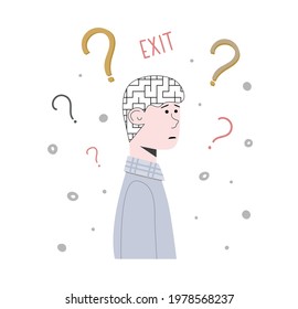 Gay can not find a way out from labyrinth of thoughts. He has some big questions. Man is frustrated. Vector flat illustration