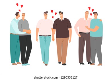 Gay cartoon couples love and hug isolated. Couple people character, homosexual relationship, vector illustration