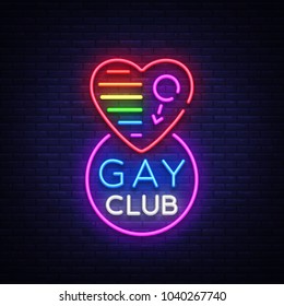 Gay Club Neon Sign. Logo In Neon Style, Light Banner, Billboard, Night Bright Advertising For Gay Club, Lgbt, Party, Gay Society. Same-sex Love. Design Template. Vector Illustration