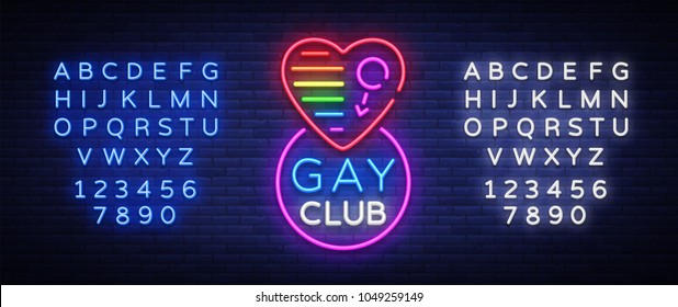 Gay club neon sign. Logo in neon style, light banner, billboard, night bright advertising for gay club, lgbt, party, gay society. Same-sex love. Vector illustration. Editing text neon sign Gay club neon sign. Logo in neon style, light banner, billboard, night bright advertising for gay club, lgbt, party, gay society. Same-sex love. Vector illustration. Editing text neon sign