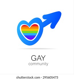 Gay Community- Logo, Icon Design. Rainbow Heart In Blue Male Symbol.