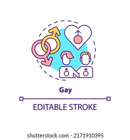 Gay Concept Icon. Male Same Sex Couple. Sexual Orientation. LGBT Community Member Abstract Idea Thin Line Illustration. Isolated Outline Drawing. Editable Stroke. Arial, Myriad Pro-Bold Fonts Used