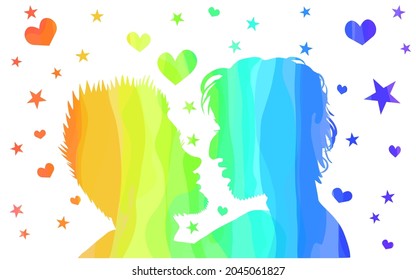 Gay couple about to kiss. Rainbow stars and hearts