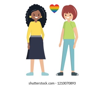 Gay couple. African female. Lesbian. Flat style vector illustration. Homosexual spouses. LGBT community people.