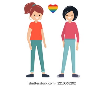 Gay couple. Asian female. Lesbian. Flat style vector illustration. Homosexual spouses. LGBT community people.