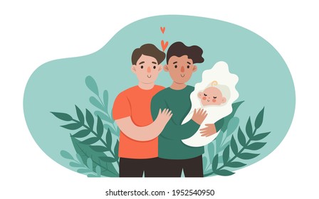 Gay couple with baby isolate on white background. Vector graphics.
