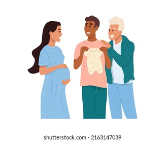 Gay couple becoming parents through surrogacy. Expectant mother holds on big belly and smiles at fathers. Happy men smile while holding clothes for baby. Color flat vector illustration