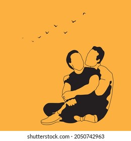 Gay couple black and white vector artwork. Homosexual gay couple loving together hugging each other.