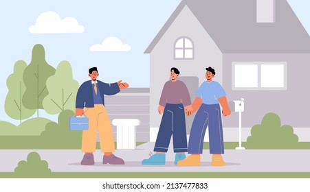 Gay couple buy new house, agent show cottage to male characters holding hands. Homosexual family buying real estate property, mortgage loan or home purchase concept, Line art vector illustration