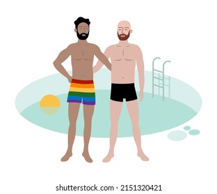 Gay couple by the pool. LGBT swimwear in rainbow colors.