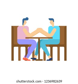 Gay couple in cafe. Homosexual lovers sit at table. LGBT love

