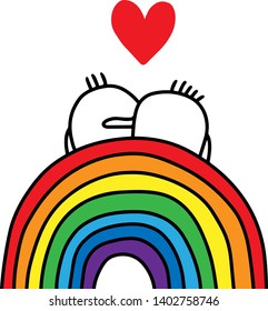 Gay couple of cartoon men sitting on the rainbow. Vector hand drawn illustration. Minimalism style