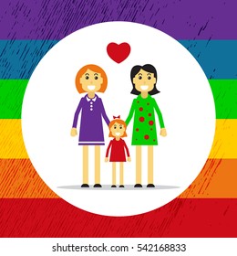Gay couple with child isolated on white background. Happy gay family symbol. LGBT symbol. Gay rainbow background. Design elements for flyers or banners.
