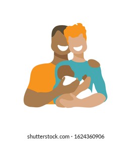 Gay couple with child. LGBT family rights concept. Vector illustration. Flat design element for banner, leaflet, sticker, booklet.