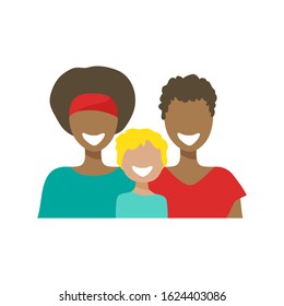 Gay couple with child. LGBT family rights concept. Vector illustration. Flat design element for banner, leaflet, sticker, booklet.