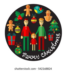 Gay couple with Christmas signs isolated on white background. Xmas illustration. Design elements for greeting cards, flyers or banners.