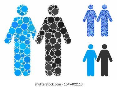 Gay couple composition of small circles in different sizes and color hues, based on gay couple icon. Vector small circles are composed into blue mosaic.
