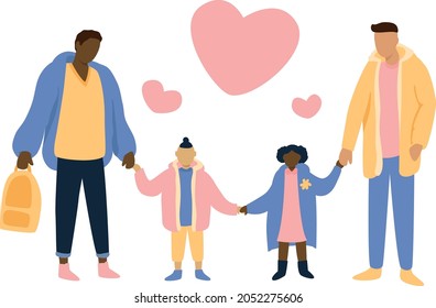 Gay couple concept illustration. A couple of fathers are holding their children by the hand. Lgbt family. A happy family.