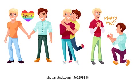 Gay couple concept illustrations set. Two men holding hands, hugging and making marriage proposal. Isolated character design on white background.