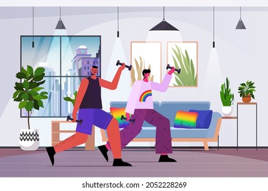 gay couple doing stretching exercises LGBT parade pride festival transgender love concept living room interior