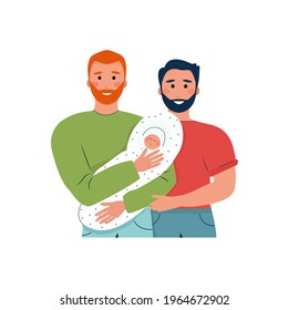 Gay Couple Family Of Two Bearded Men With A Baby In Their Arms. Gay Parents Hug Their Newborn Adopted Child. Cartoon Cute Bright Characters. Vector Illustration, Flat