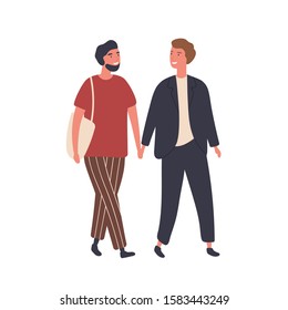 Gay couple flat vector illustration. Homosexual male pair, young boys in love. Unconventional relationship, tenderness manifestations concept. Two men holding hands together cartoon characters.