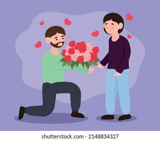 gay couple giving flowers romantic