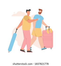 Gay Couple Goes On Summer Vacation Trip. Young Men Talking And Holding Suitcases. Male LGBT Family Travel On Resort Together. Vector Character Illustration Of Love Diversity, Relationship, Honeymoon