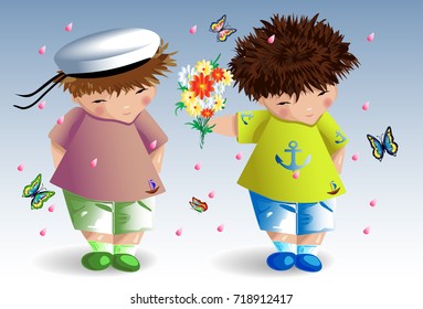 Gay couple. The guy gives flowers to his boyfriend. Love of two young men. Homosexual love. Family of gays. LGBT pair.