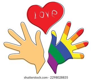 Gay couple hands with LGBT rainbow flag and heart. Vector illustration.