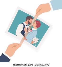 Gay Couple Hands Stick Tape On Torn Wedding Photo. Recovery From Break Up, End Of Marriage And Divorce Concept. Flat Vector Cartoon Illustration.