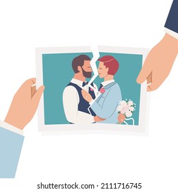 Gay Couple Hands Tear Apart Wedding Photo On White Background. LGBT Break Up, End Of Marriage And Divorce Concept. Flat Vector Cartoon Illustration.