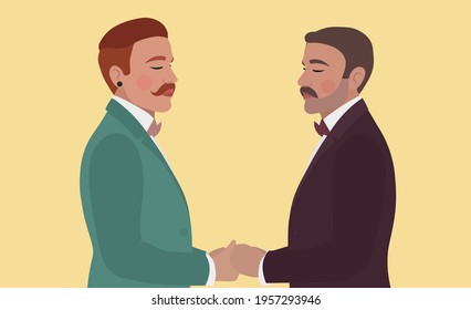 Gay couple holding hands getting married, LGBT rights, vector 