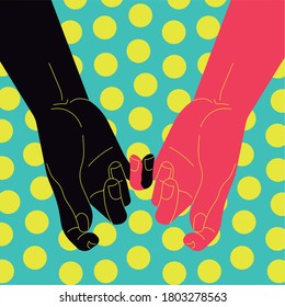 gay couple holding hands. Men's forearms with hands holding each others pinky fingers, dotted background