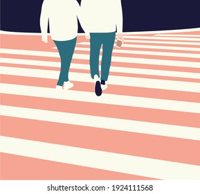 Gay couple holding hands on street. Two lovers hugging and having a walk outdoors in high contrast color.