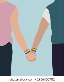 Gay couple holding hands walk in the LGBT+ parade  freedom  human rights  vector