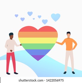 Gay couple holding rainbow heart. Two men with LGBT symbol. Homosexuality concept. Vector illustration can be used for topics like LGBTQ pride, love, wedding