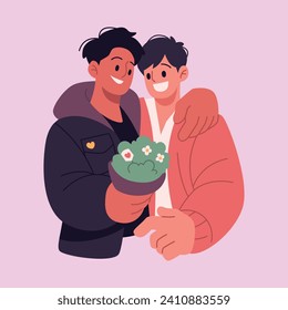 Gay Couple hugging and giving Bouquet to Each other Homosexual Valentine's Day Flat Vector Illustration