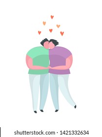 Gay couple hugging kissing flat icon or emblem. Boyfriends gay lovers dating illustration. Hugging, kissing isolated design. Boys lovers on romantic date.