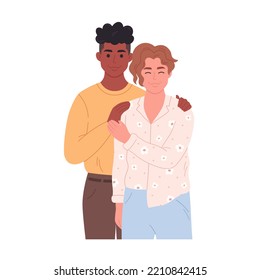 Gay Couple Hugging And Smiling. Sweetheart Couple Together. LGBT Family, LGBT Pride. Homosexual Multiracial Couple. Hand Drawn Vector Illustration